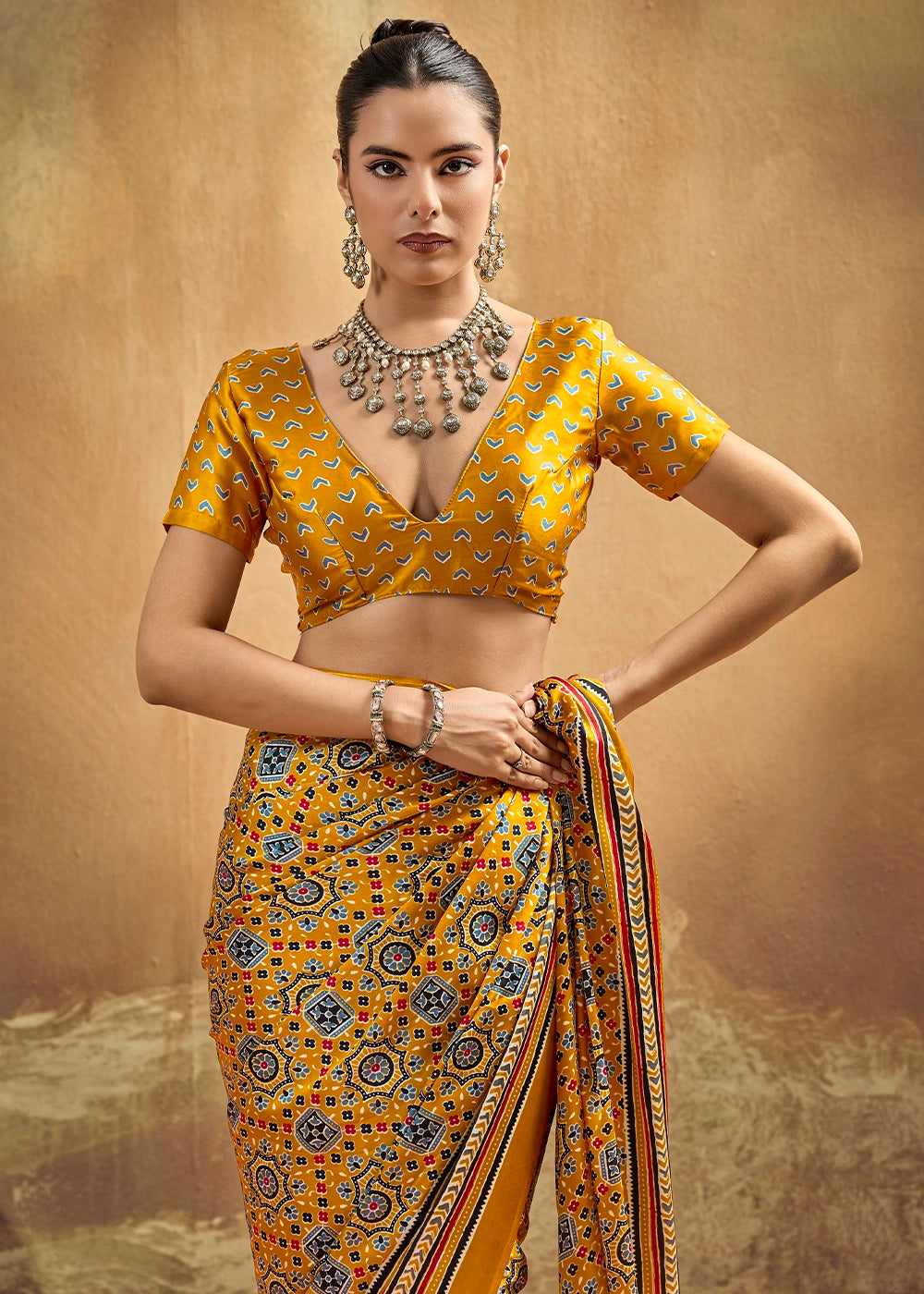 Cyber Yellow Satin Crepe Saree Featuring Rich Ajrakh Prints