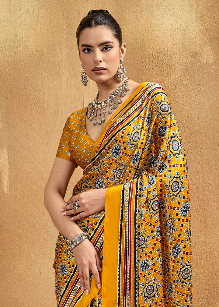Cyber Yellow Satin Crepe Saree Featuring Rich Ajrakh Prints