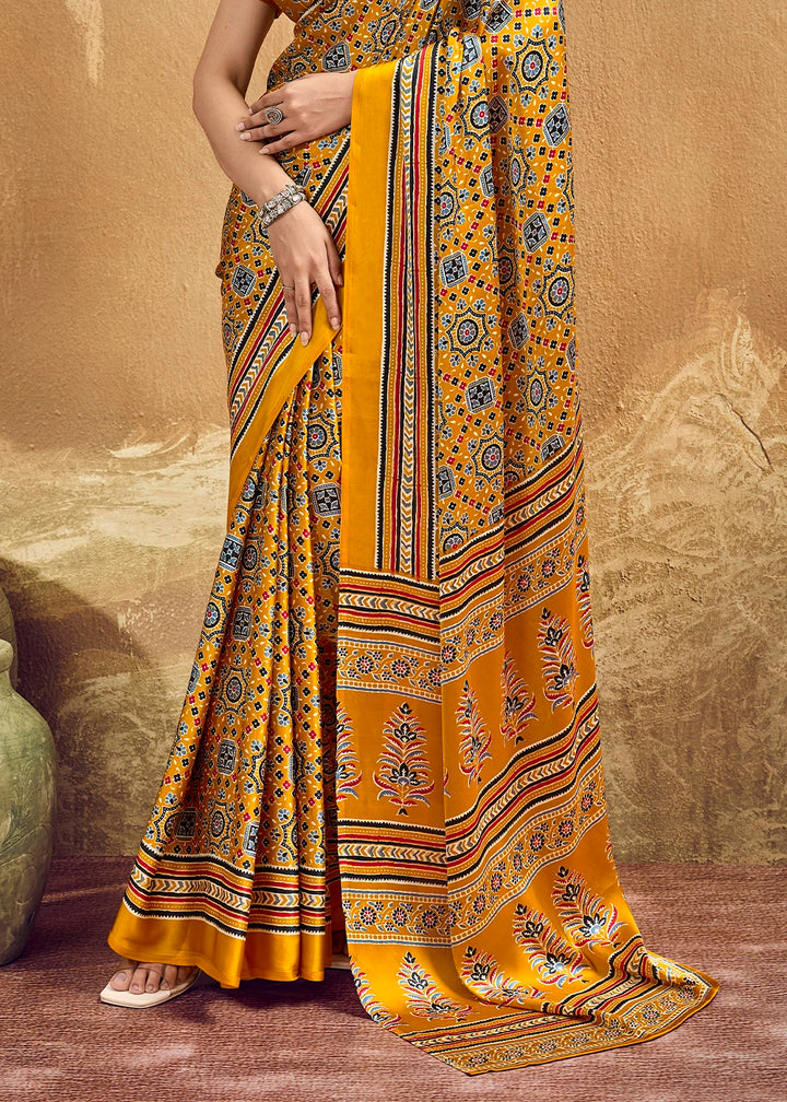 Cyber Yellow Satin Crepe Saree Featuring Rich Ajrakh Prints
