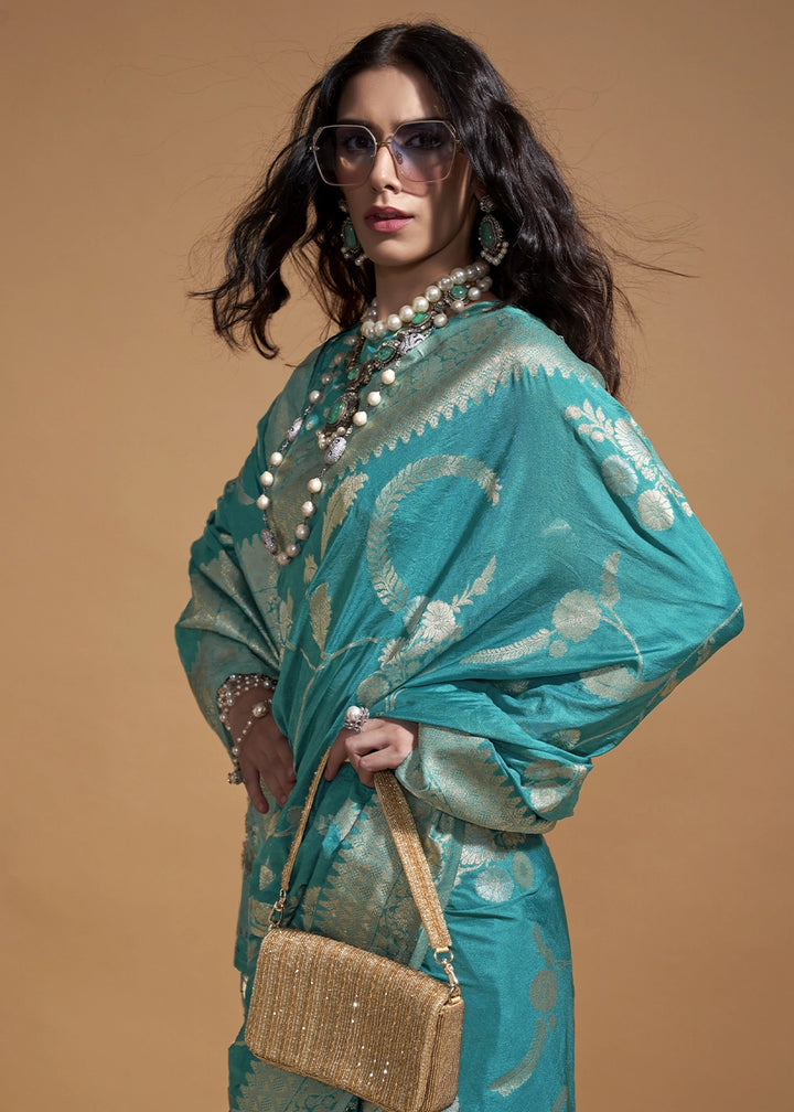 Cerulean Blue Georgette Silk Saree Embellished with Floral Zari Work