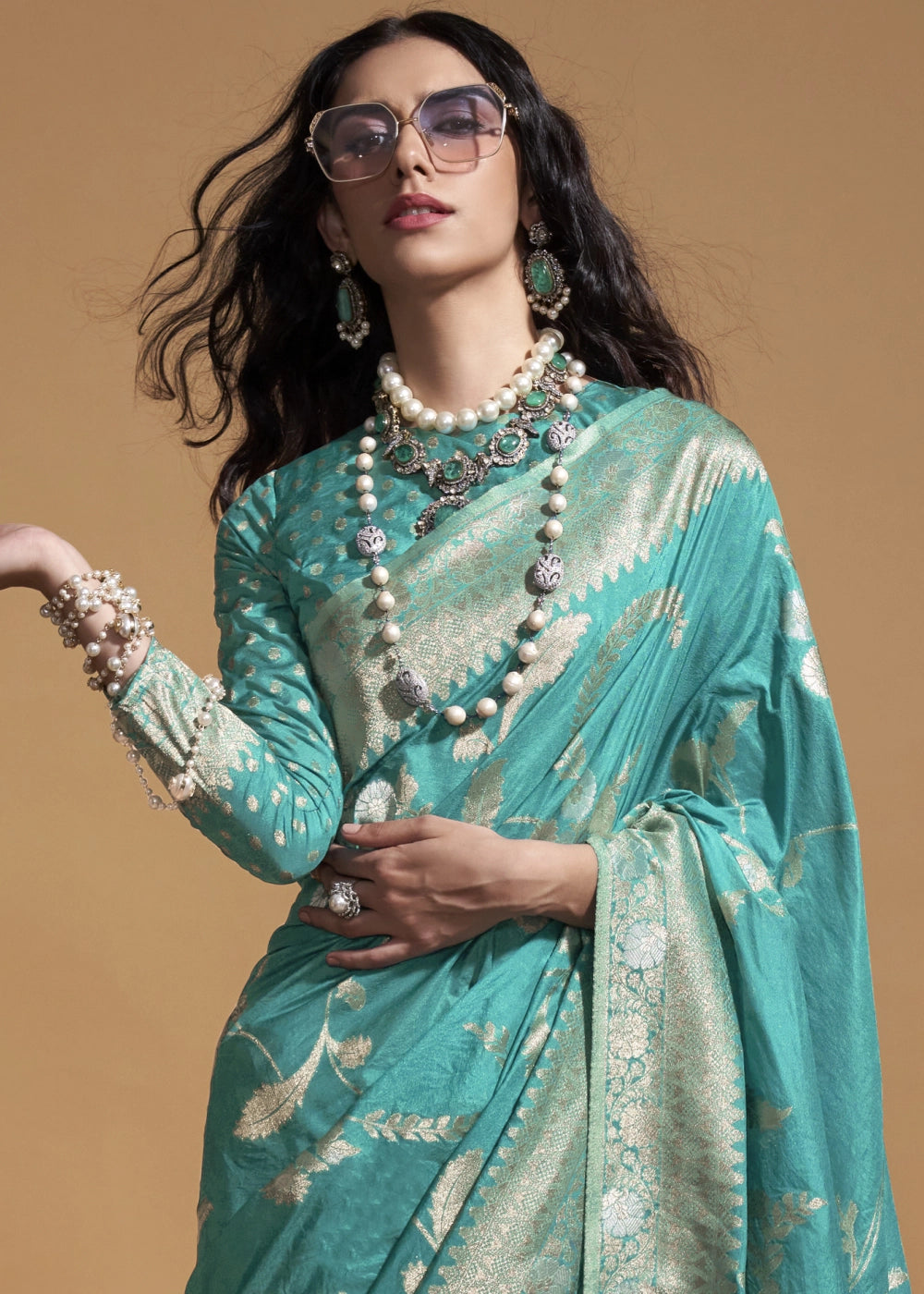 Cerulean Blue Georgette Silk Saree Embellished with Floral Zari Work