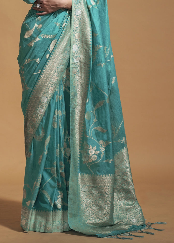Cerulean Blue Georgette Silk Saree Embellished with Floral Zari Work