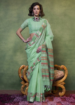 Aquamarine Blue Handwoven Cotton Silk Saree