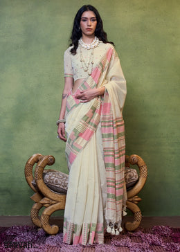 Cream White Handwoven Cotton Silk Saree