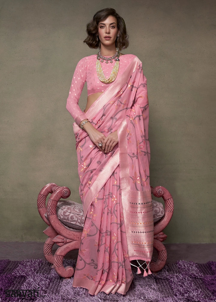 Fandango Pink Cotton Saree with Handwoven Jamdani Work