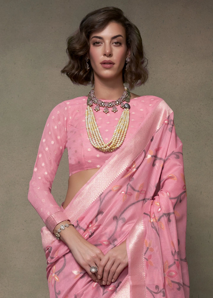 Fandango Pink Cotton Saree with Handwoven Jamdani Work