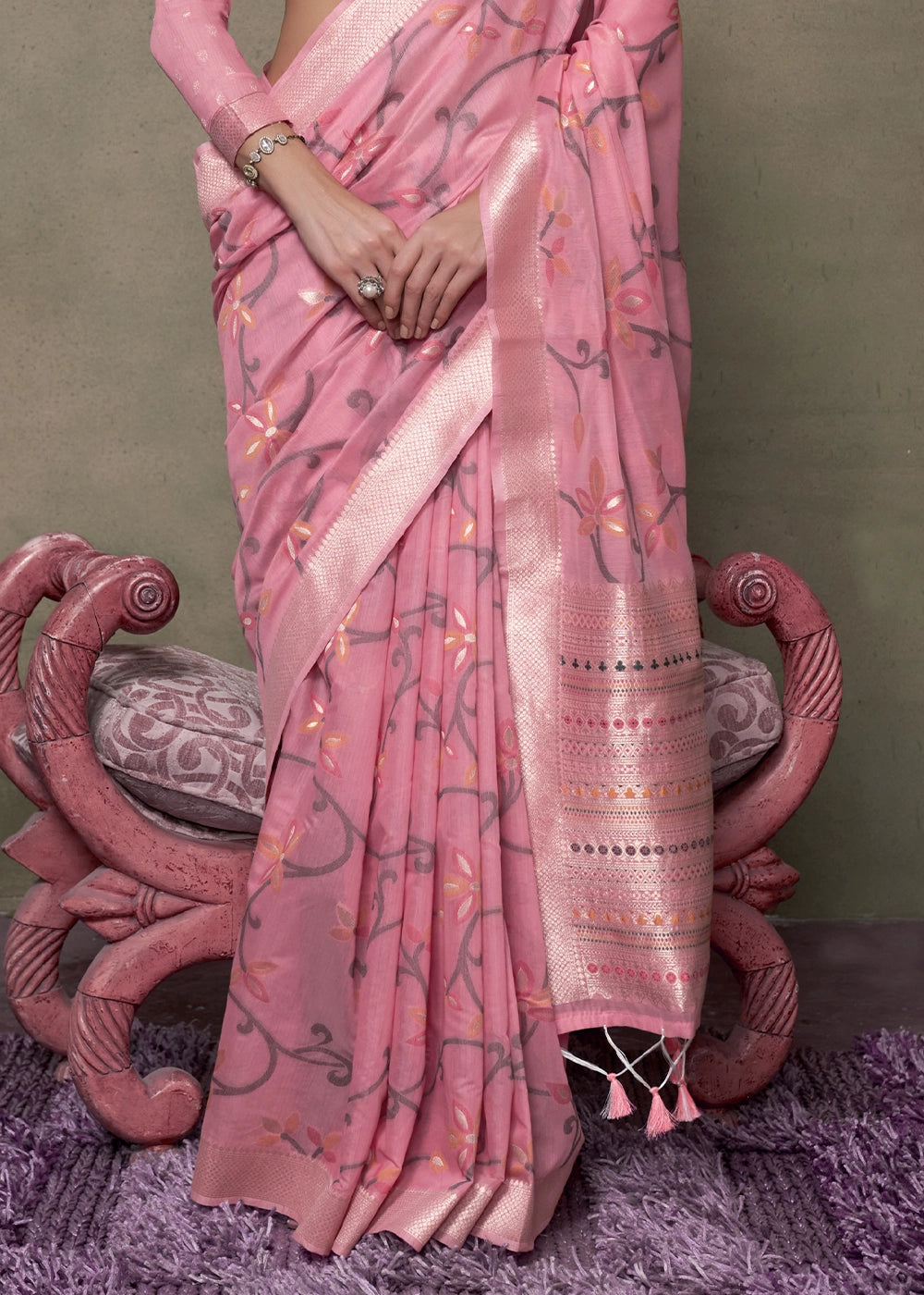 Fandango Pink Cotton Saree with Handwoven Jamdani Work