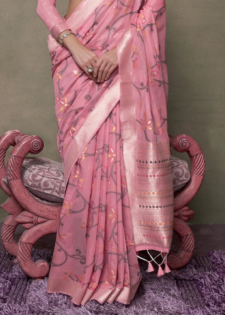 Fandango Pink Cotton Saree with Handwoven Jamdani Work