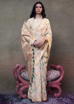 Pearl White Cotton Saree with Handwoven Jamdani Work