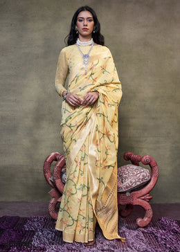 Daffodil Yellow Cotton Saree with Handwoven Jamdani Work