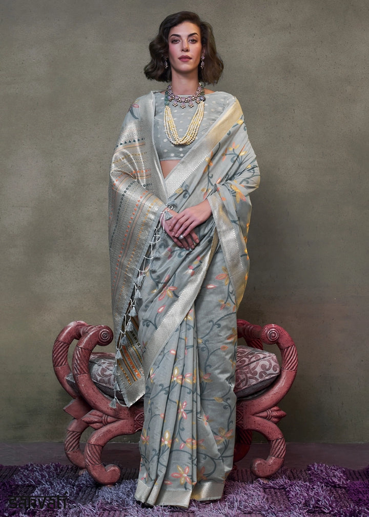 Slate Grey Cotton Saree with Handwoven Jamdani Work