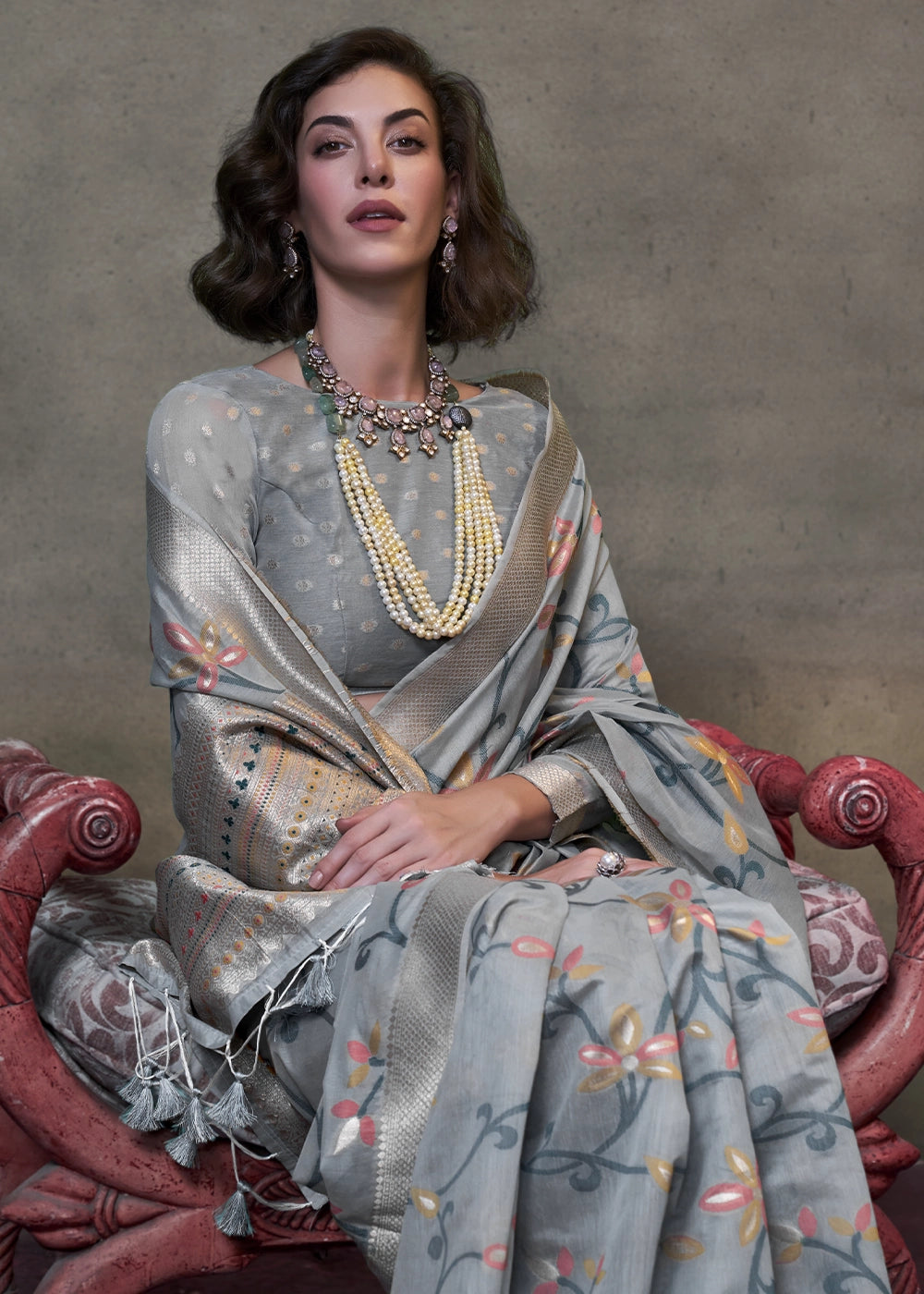 Slate Grey Cotton Saree with Handwoven Jamdani Work
