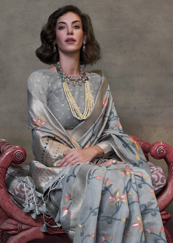 Slate Grey Cotton Saree with Handwoven Jamdani Work