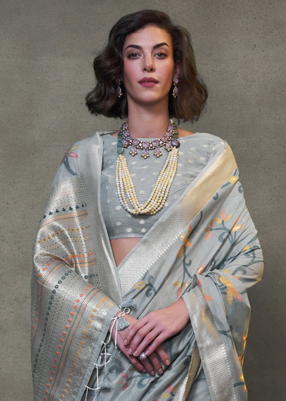 Slate Grey Cotton Saree with Handwoven Jamdani Work