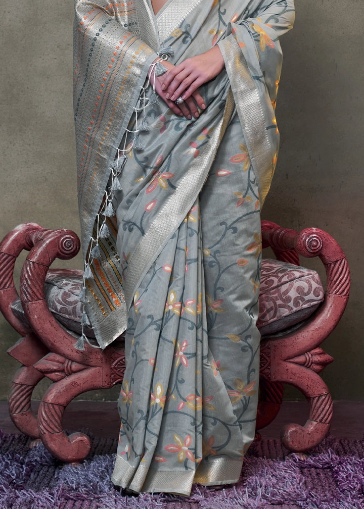 Slate Grey Cotton Saree with Handwoven Jamdani Work
