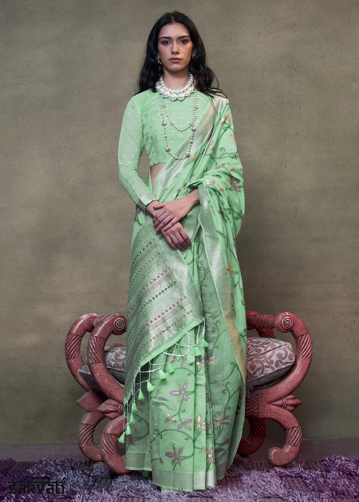 Mint Green Cotton Saree with Handwoven Jamdani Work
