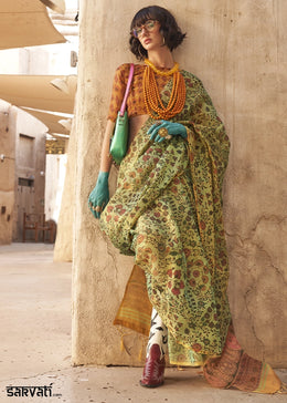 Light Green Handwoven Floral Printed Tissue Silk Saree