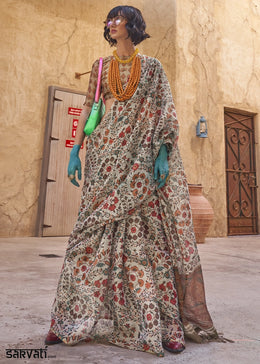 Cream White Handwoven Floral Printed Tissue Silk Saree
