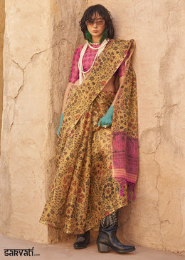 Corn Yellow Handwoven Floral Printed Tissue Silk Saree