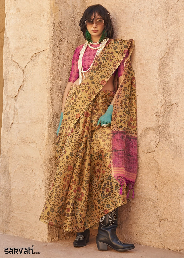 Corn Yellow Handwoven Floral Printed Tissue Silk Saree