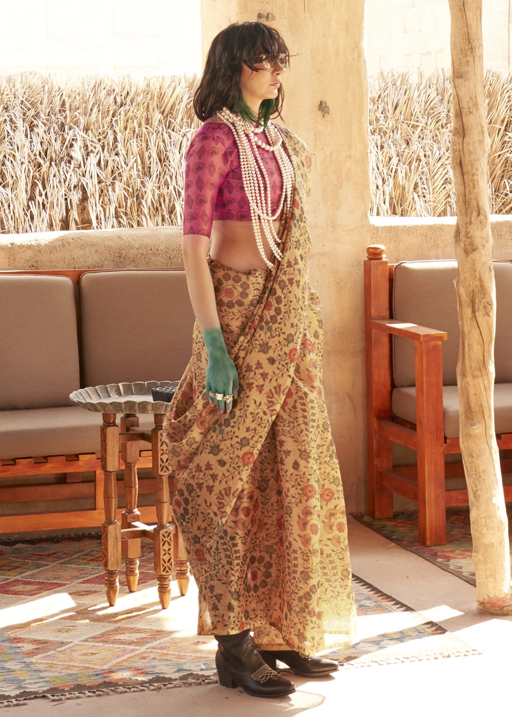 Corn Yellow Handwoven Floral Printed Tissue Silk Saree