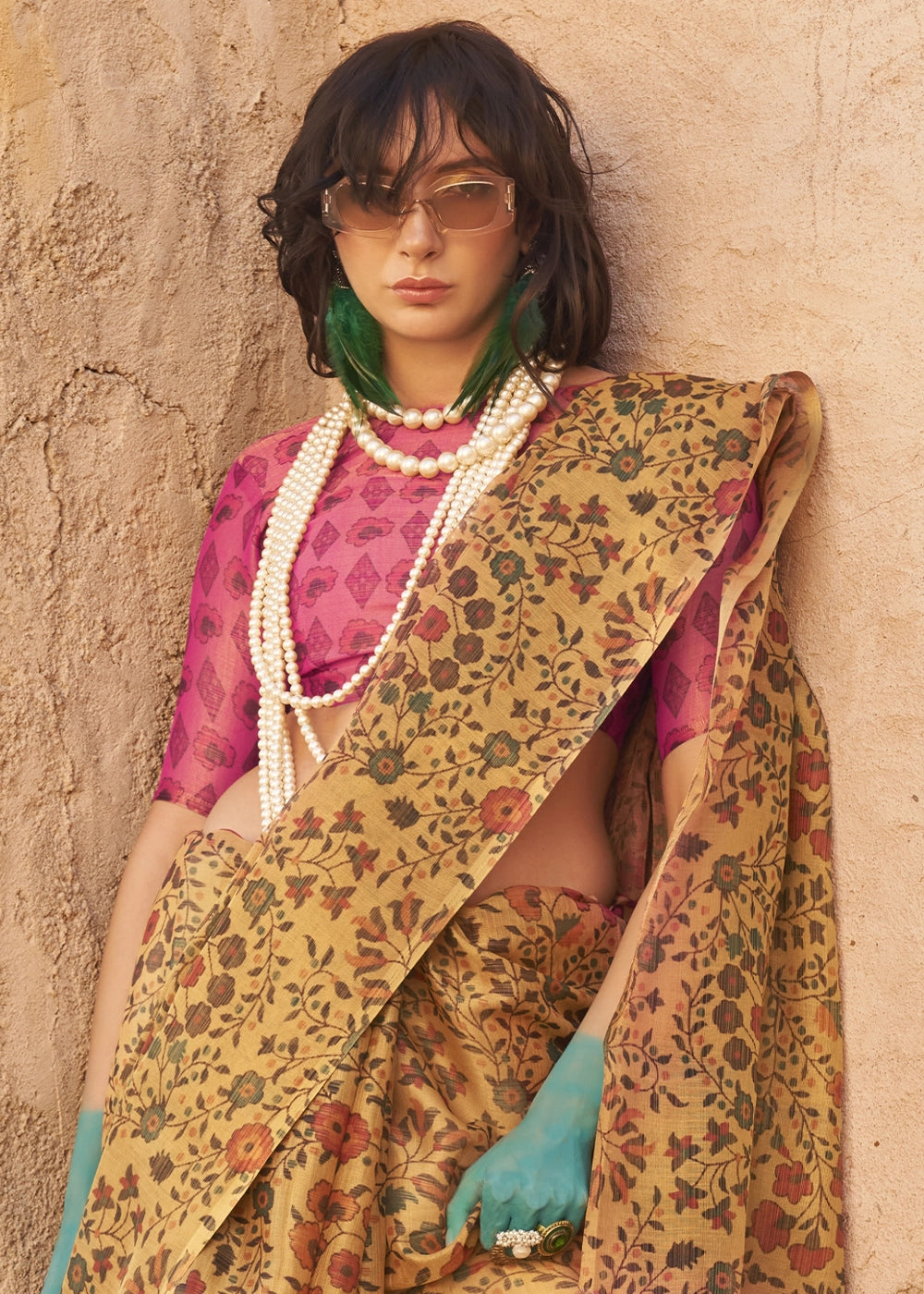Corn Yellow Handwoven Floral Printed Tissue Silk Saree