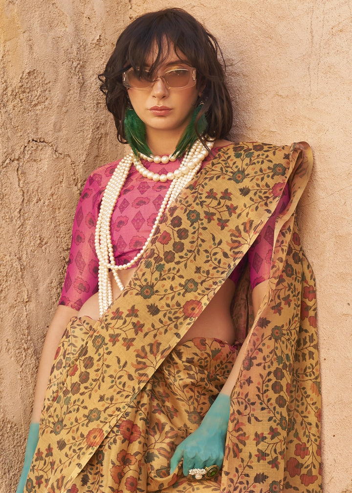 Corn Yellow Handwoven Floral Printed Tissue Silk Saree