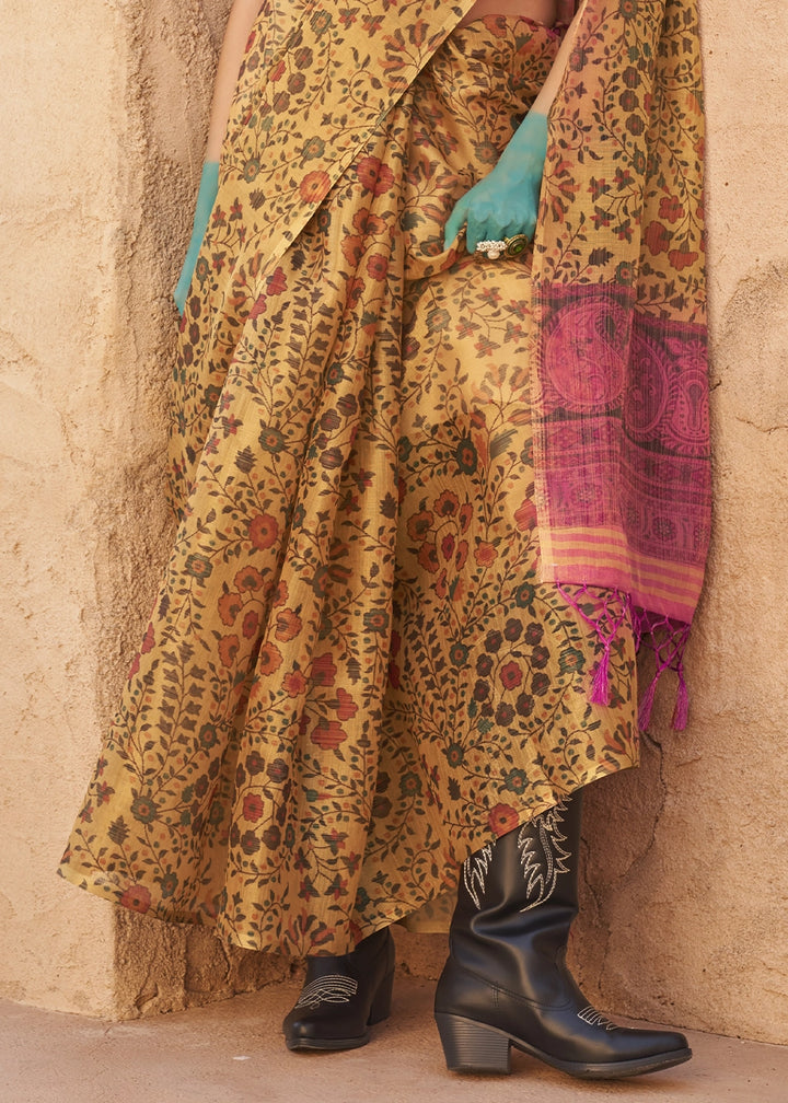 Corn Yellow Handwoven Floral Printed Tissue Silk Saree