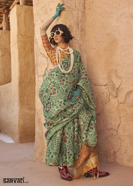 Zomp Green Handwoven Floral Printed Tissue Silk Saree
