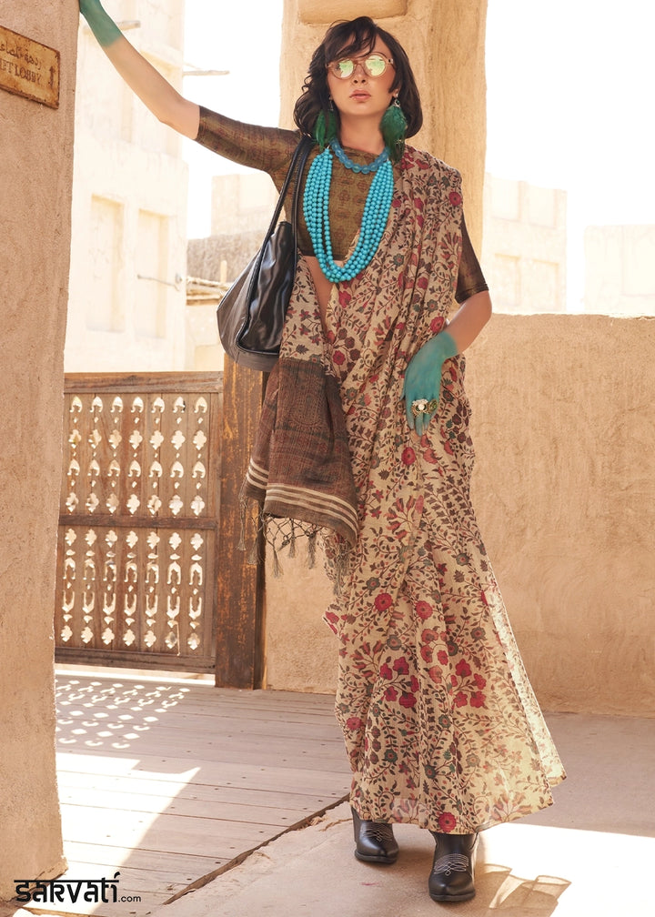 Beige Brown Handwoven Floral Printed Tissue Silk Saree