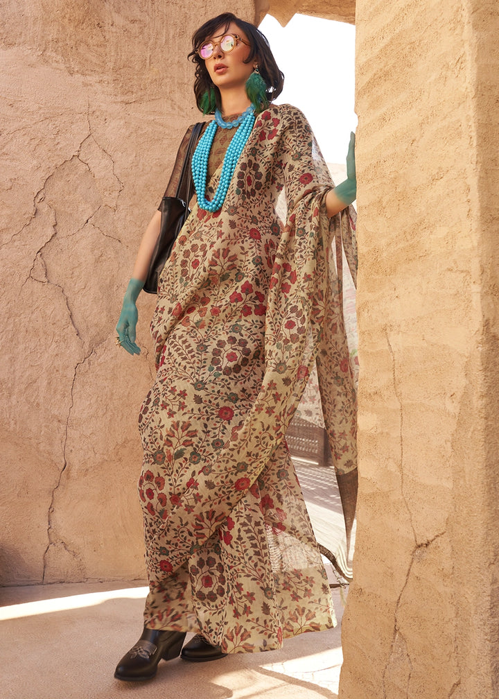 Beige Brown Handwoven Floral Printed Tissue Silk Saree