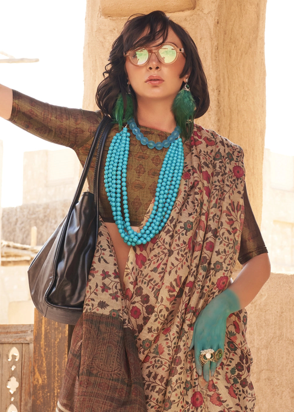 Beige Brown Handwoven Floral Printed Tissue Silk Saree