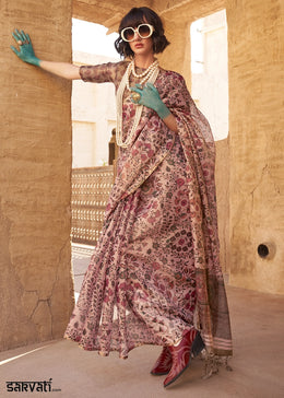 Salmon Pink Handwoven Floral Printed Tissue Silk Saree