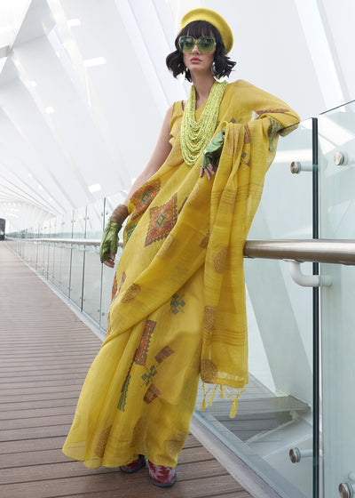 Vivid Yellow Tissue Silk Saree with Abstract Motif Print