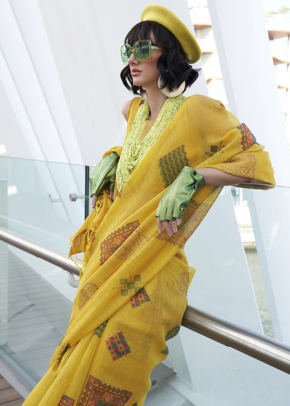 Vivid Yellow Tissue Silk Saree with Abstract Motif Print