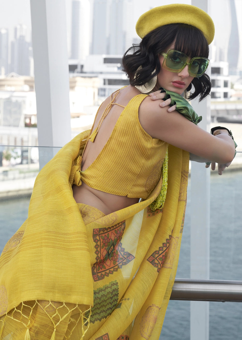 Vivid Yellow Tissue Silk Saree with Abstract Motif Print