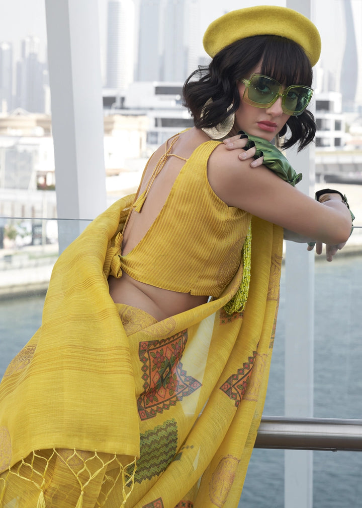 Vivid Yellow Tissue Silk Saree with Abstract Motif Print