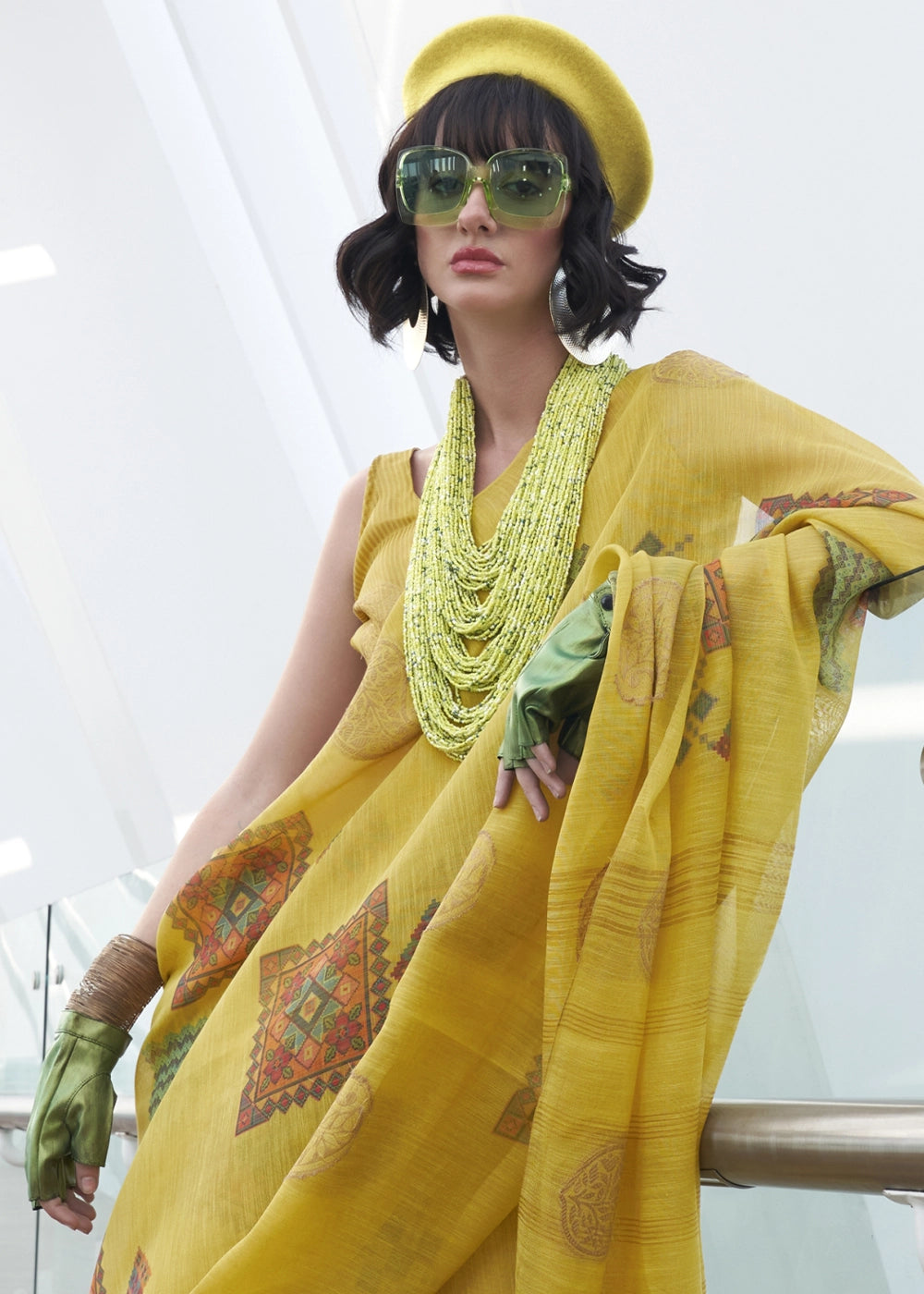 Vivid Yellow Tissue Silk Saree with Abstract Motif Print