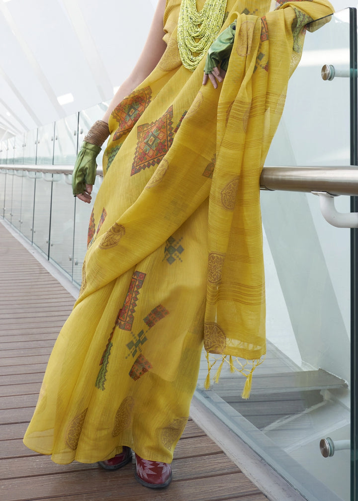 Vivid Yellow Tissue Silk Saree with Abstract Motif Print