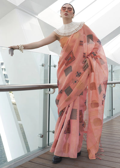 Salmon Pink Tissue Silk Saree with Abstract Motif Print