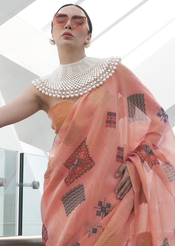 Salmon Pink Tissue Silk Saree with Abstract Motif Print