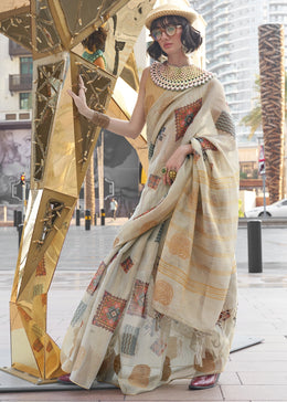Parchment White Tissue Silk Saree with Abstract Motif Print
