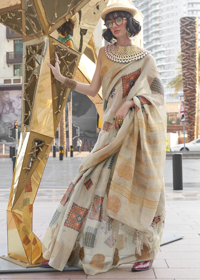 Parchment White Tissue Silk Saree with Abstract Motif Print