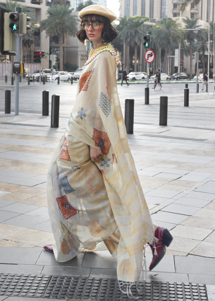 Parchment White Tissue Silk Saree with Abstract Motif Print