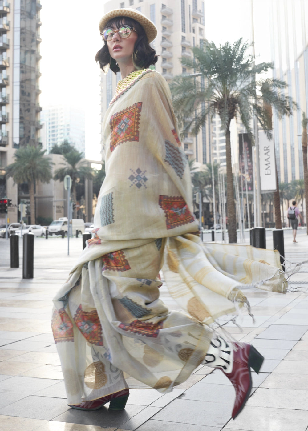 Parchment White Tissue Silk Saree with Abstract Motif Print