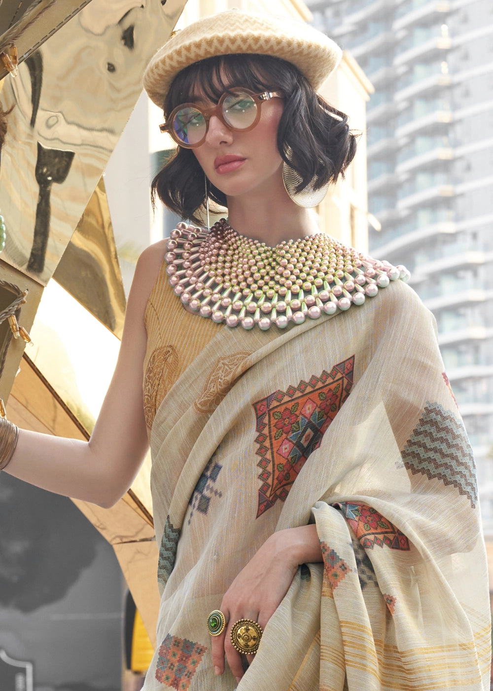 Parchment White Tissue Silk Saree with Abstract Motif Print