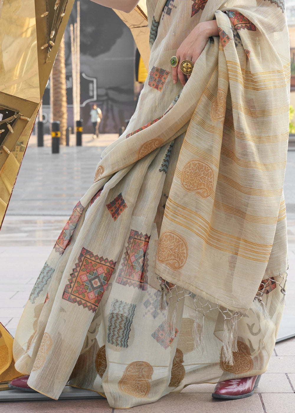 Parchment White Tissue Silk Saree with Abstract Motif Print