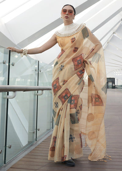 Beige Brown Tissue Silk Saree with Abstract Motif Print