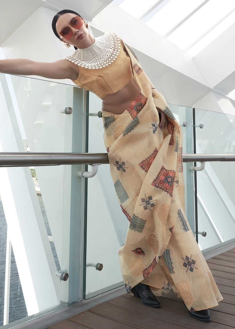 Beige Brown Tissue Silk Saree with Abstract Motif Print