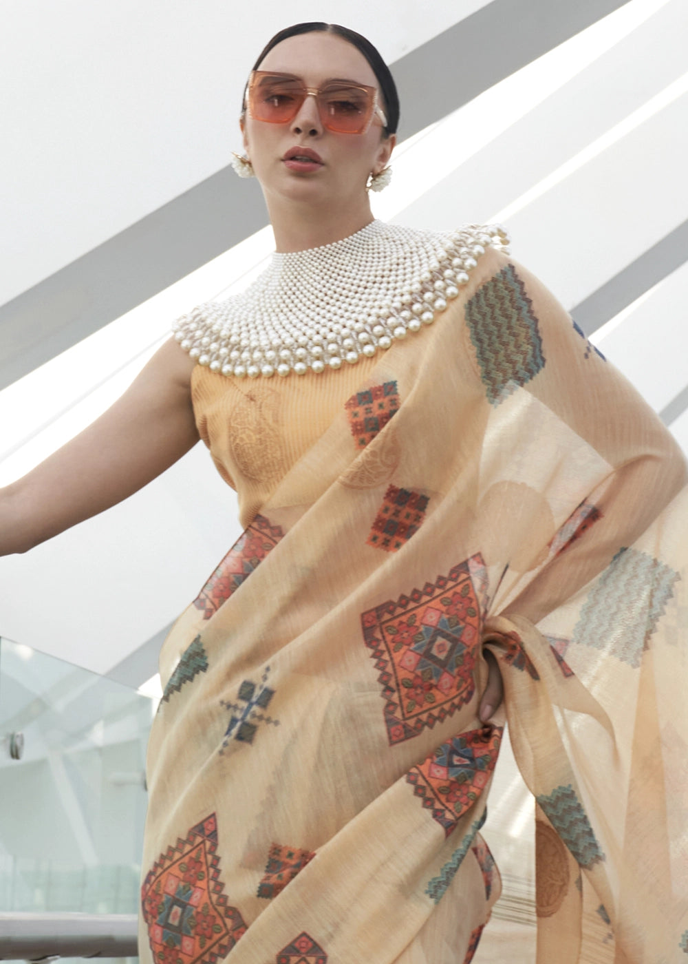 Beige Brown Tissue Silk Saree with Abstract Motif Print